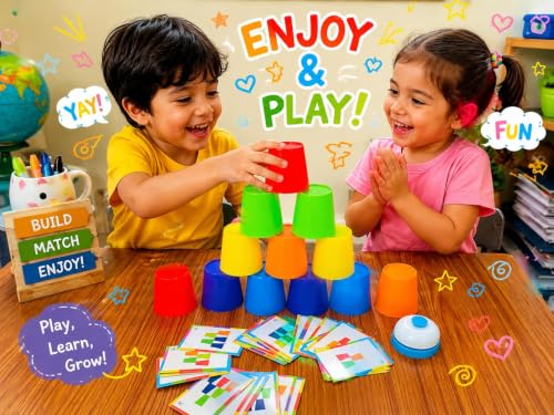 Image of EITHEO Color Sorting Cup Challenge Game Set, 12 Stacking Cups, 50 Pattern Matching Cards & Bell, Speed Cups Game, Montessori Educational STEM Learning Toy, Hand Eye Coordination Activity for Kids 3+