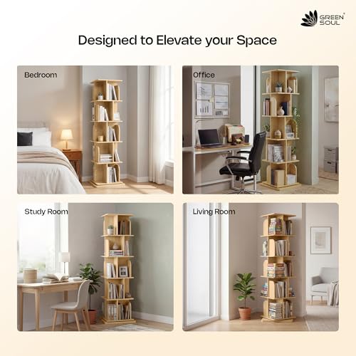 Image of Green Soul BookNest 5 Shelves Engineered Wood Rotating Book Shelf | Multipurpose Wooden Bookshelf for Home, Bedroom, Living Room, Study Room, Kids Room | Storage | 3 Year Warranty (Oak)