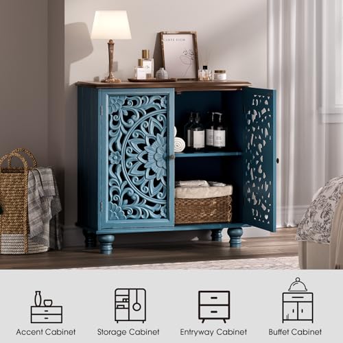 Image of Accent Cabinet with Doors, Decorative Storage Cabinet with Walnut Top and Adjustable Shelf, Carved Sideboard Buffet with Solid Wood Legs for Living Room, Entryway, Kitchen, Hallway, Blue