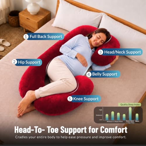 Image of Amazon Basics Full Body Pregnancy Pillow for Maternity, Baby Nursing,Full Body Support -Abdomen,Hip, Spine, Neck& Leg Support Cushion| Perfect Baby Shower Gift |C-Shaped-Washable Cover with Zip-Maroon