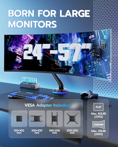 Image of Single Gaming Monitor Arm for 24 inch-57 inch Screens with RGB, Up to 60 lbs, Black | Full Motion Computer Monitor Mount, Heavy Duty Gas Spring Desk Stand with VESA 75x75 to 200x200, with C Clamp, Grommet Base