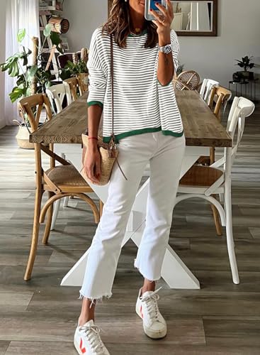 Image of Womens Striped Lightweight Cotton Sweaters Long Sleeve Crew Neck Color Block Casual Knitted Pullover Tops