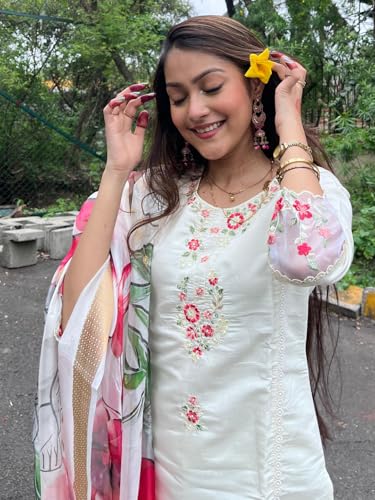 Image of VredeVogel Kurta Set with Dupatta | Viscose Roman Silk Embroidered Kurta Set for Women | Women's Ethnic Casual Kurti Set |Kurta Pant Festive Suit