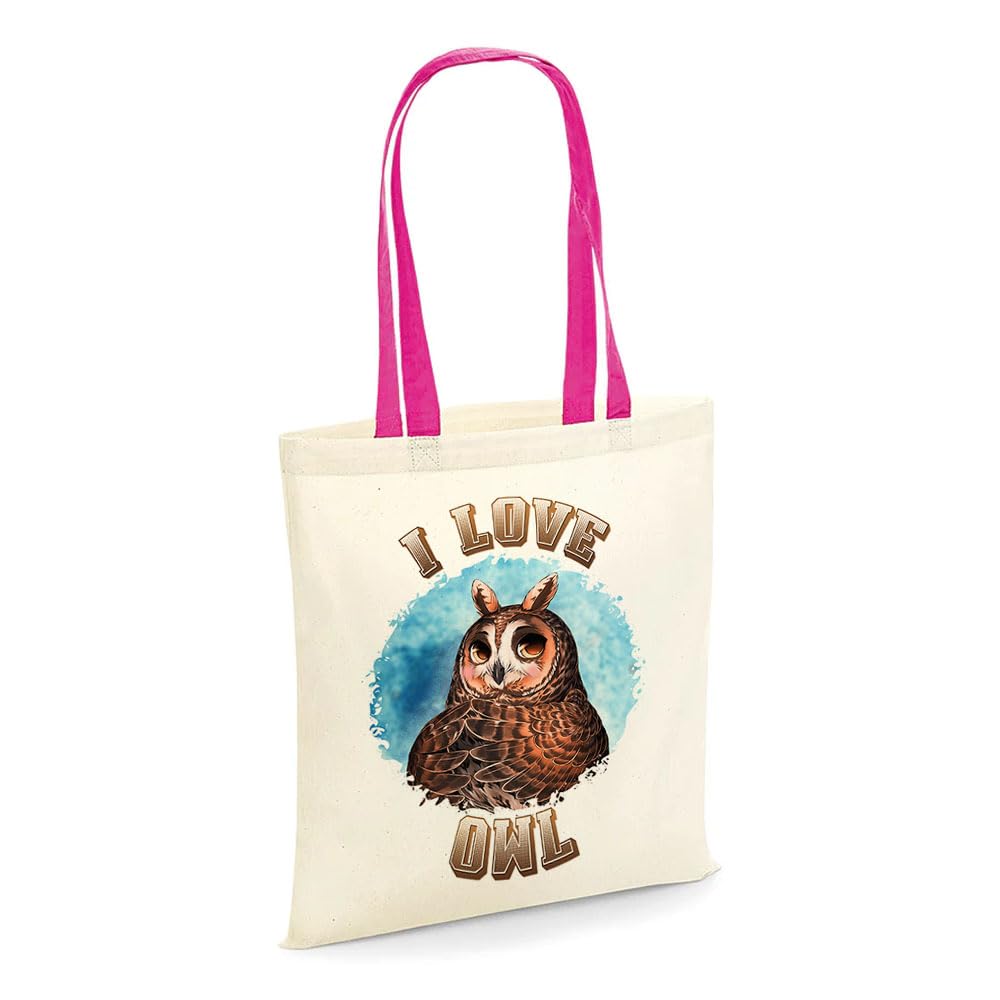 Charming 'I Love Owls' Gift for Bird Lovers – Perfect Owl Enthusiast Present, Shopping Bag, Tote Bag. (Fuchsia Handle)