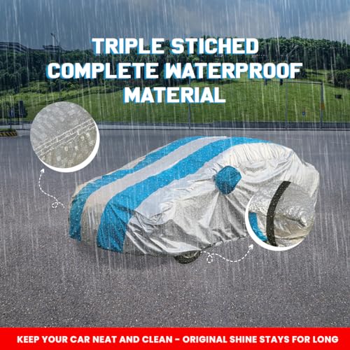 Image of i10 Waterproof Car Cover with Mirror Pockets, Silver /Blue Stripes Design, Non Woven Fabric,Triple Stitched, Compatible with Hyundai i10 Car Cover (2007 to 2017), i10 Car Accessories