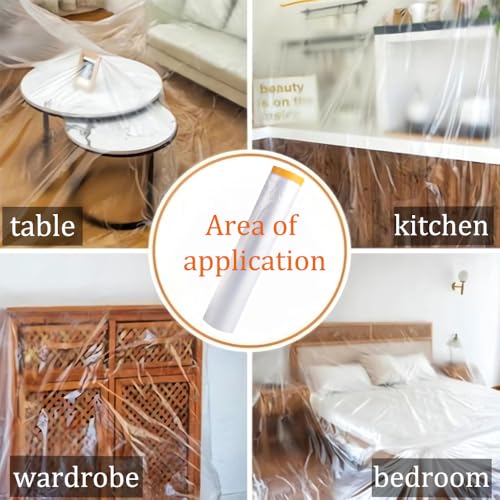 Image of OULIGET Taped Masking Film,Plastic Dust Proof Paint Protective Film,Waterproof Transparent Masking Film and Tape, Paint Masking Film for Furniture Wall Car Carpet,14 X 65 Feet X 2 Rolls