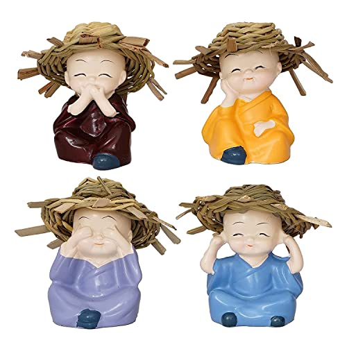 Image of AUGEN Polyresin Set of 4 Buddha Monks Statues Figurines Showpiece for Wall Shelf Table Desktop Living Room Car Dashboard Decoration Home Office Decor (Multicolour)(7698F)