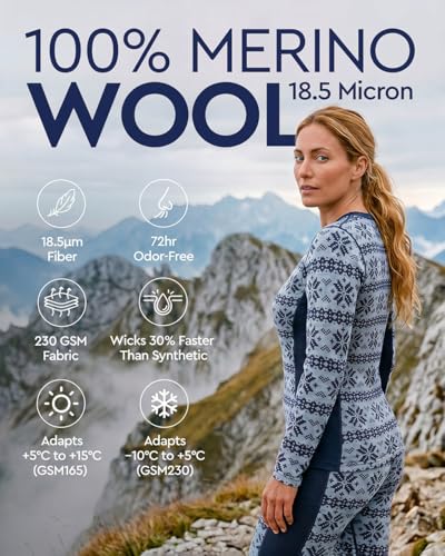Image of MERINNOVATION Merino Wool Base Layer Set for Women 100% Merino Wool Thermal Underwear Sets Lite - Midweight Top Tank Bottom