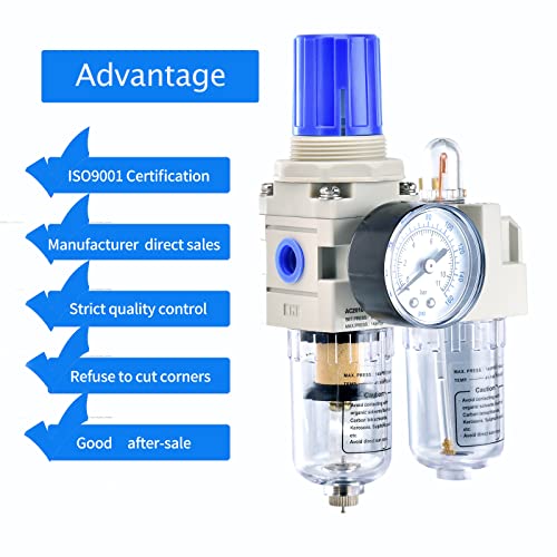 BLCH 1/4" NPT Air Compressor Water Separator - Air Pressure Regulator Compressed Air Filter Regulator Lubricator Combo AC2010-02 Manual Drain Poly Bowl Gauge 0-160 PSI 5μm Brass by BLCH - Image 5