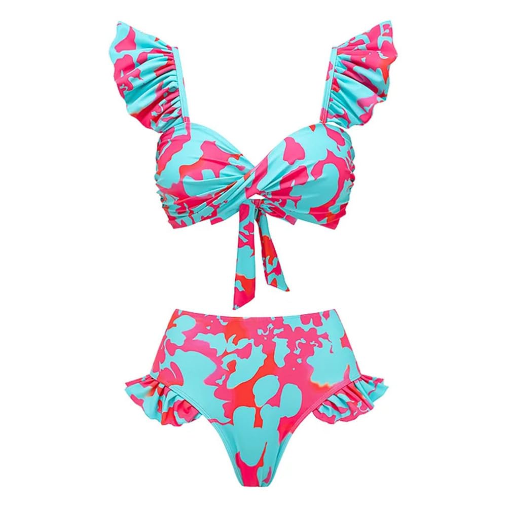 Donna Ruffle Trim Bikini Stampato Set Scollo a V Vita Alta Fondo Push Up Costume Da Bagno Beachwear