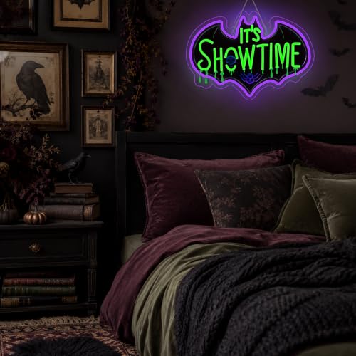 Image of Show Time Neon Sign Bat Skull Light Up for Halloween party Wall Decoration
