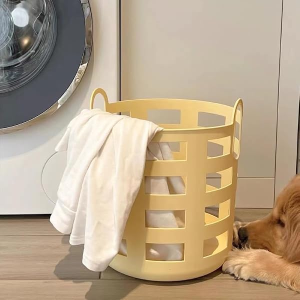 Small Plastic Imitation Rattan Laundry Basket with Handles Clothes Organizer Portable Reusable Storage Hamper for Bathroom and Home Lightweight Hollow-Out Design, 20 X18CM - 1