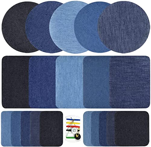 Jerbro 21Pezzi Toppe Termoadesive, Jeans Ferro Denim Toppa Quadrata Rotonda con Kit di Riparazione in Tessuto, Vestiti Piumino Cappello Decorazione Riparazione Artigianato Fai da Te