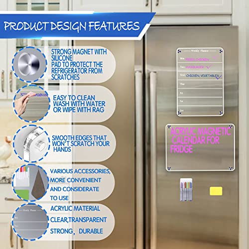 Todkoding 2 Pcs 9"X13" Clear Weekly Meal Planner Magnetic Acrylic Board,Acrylic Magnetic Dry Erase Board For Fridge, Magnet Week Calendar For Refrigerator Includes 6 Colors Markers And Pen Container1 #TOP2