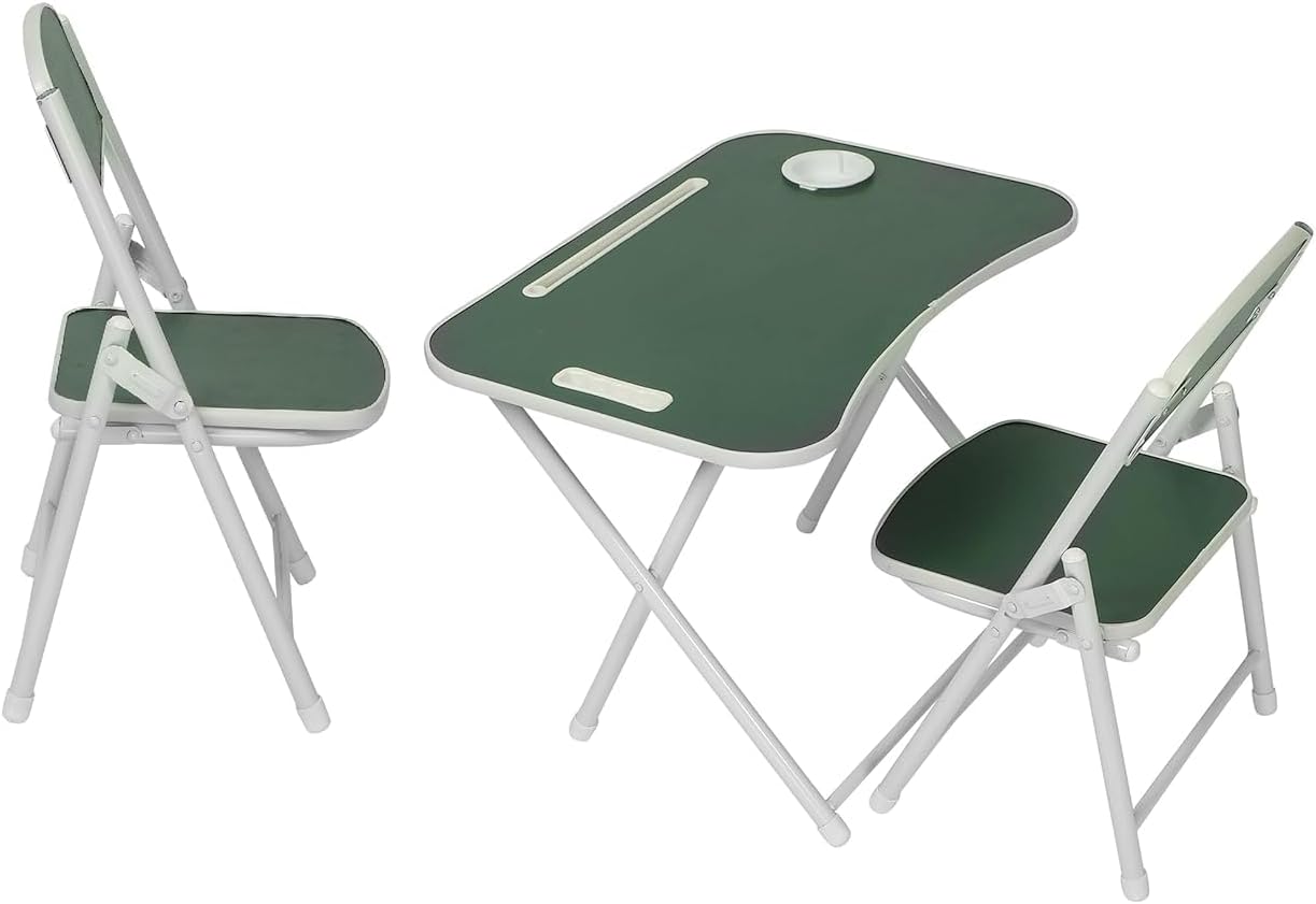 The Tickle Toe Kids Foldable Study Table and Chair Set | 1 Table + 2 Chairs | MDF & Metal Frame | Dark Green | Age 2-5 Years | Learning Desk | Space Saving | Made in India