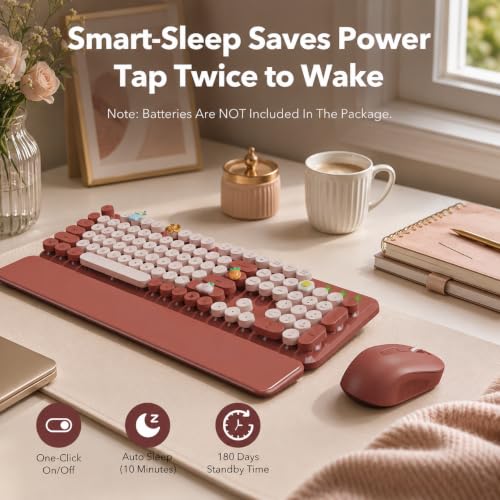 Image of Wireless Keyboard and Mouse Combo, Round Keycaps, Full-Size Retro Typewriter Keyboard with Magnetic Wrist Rest, Tilt Legs, 2.4GHz Cordless for Mac, Windows PC, Laptop, SABLUTE CK23, Burgundy Red
