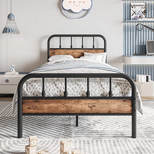 VECOCHO Bett 90 x 200 Bettrahmen mit Lattenrost aus Metall, Einzelbett Bettgestell Metallbett 90 x 200 mit Holz Kopfteil,Gästebett Jugendbett mit Stauraum - Single Bed Frame Schwarz