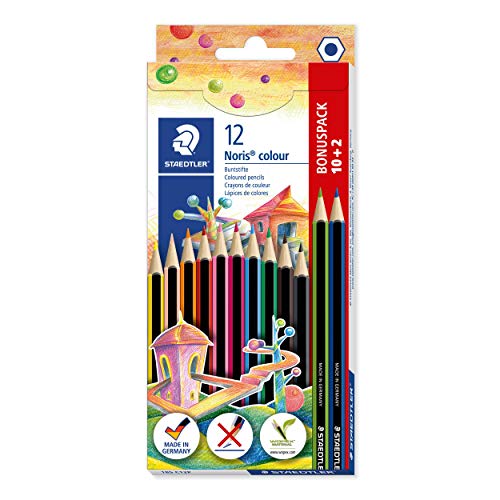 STAEDTLER kleurpotloden Noris Colour (hoge breukvastheid, zeskantvorm, aantrekkelijk strependesign, ergonomisch zacht oppervlak, WOPEX-materiaal, ... met 10 + 2 kleuren, kartonnen etui), 185 C12P