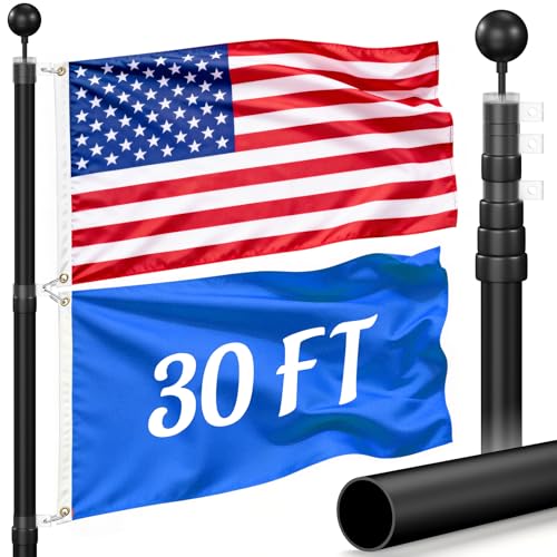 Wphold Flag Poles for Outside House Inground - Extra Thick Telescoping Flag Poles Heavy Duty Flag Pole Kit with 3x5 American Flag (30FT Black)