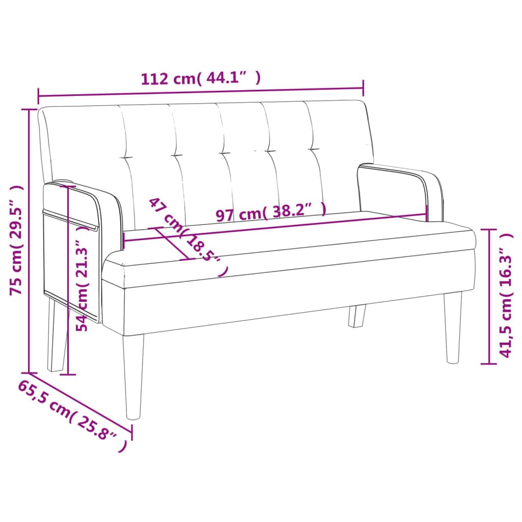 Banco con respaldo y reposabrazos, capuchino, 112 x 65,5 x 75 cm, piel sintética, asiento acolchado grueso, patas de madera de caucho maciza, estructura de madera contrachapada estable, hasta