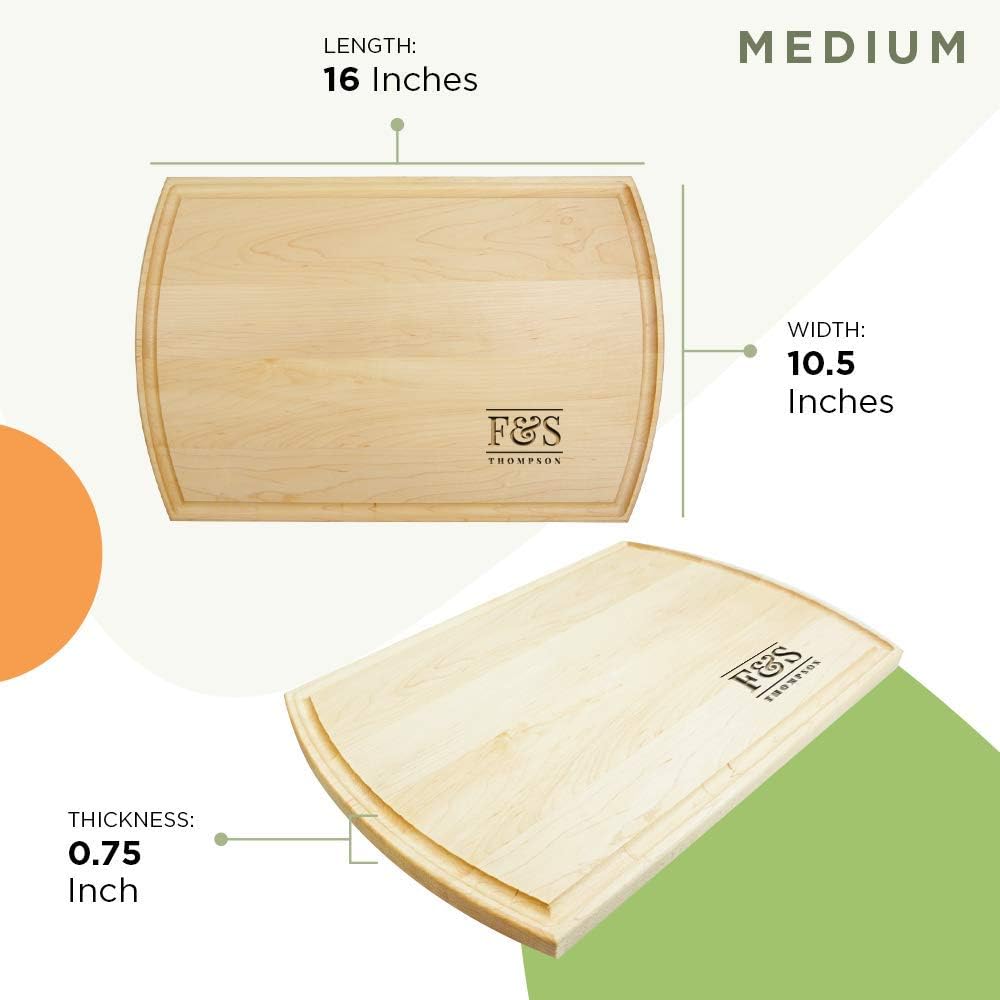 Initials + Surname-Personalized Wooden Cutting Board for Kitchen Juice Groove Natural Custom Engraved in USA, Housewarming Wedding Engaged Couples (Maple 10.5x16 Inch)