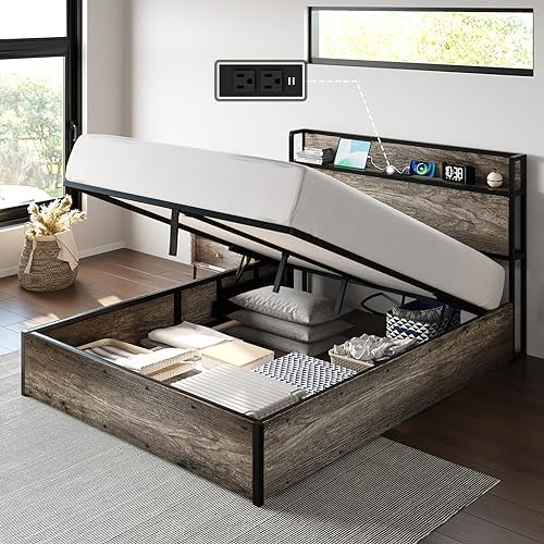 Amerlife Queen Size Lift Up Storage Bed Frame, Wooden