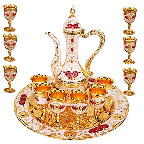 GODNOEI Vintage Metal Turkish Coffee Pot Set Turkish Tea Set with 6 Luxury Coffee Cups & Craft Tea Tray Teapot for Serving Tea Zamzam Coffee Cappuccino,Gold Silver Ottoman Trim Weddin Gift