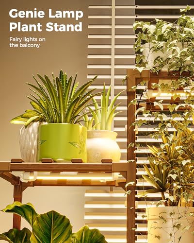 Image of Bamworld 4-Pot Plant Stand with Grow Light Indoor Outdoor Corner Shelf Plant Holder Flower Stand Wood Plant Rack Indoor Multiple Plants Patio Balcony Garden Living room