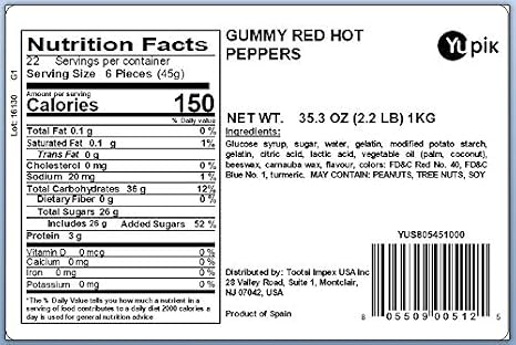 Yupik Gummy Red Peppers, 2.2 lb (35.2 oz), Gluten-Free, Cherry Flavored, Soft & Chewy, Colorful Gummies, Fun Treat, Sweet Candy, Delicious Snack, Ideal for Gifting, Holidays & Decorating