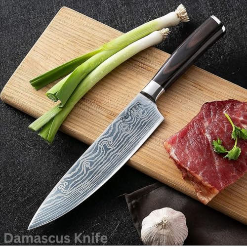 Image of 8-Inch High Carbon German Stainless Steel Kitchen Chef's Knife for Cutting and Chopping Santoku Knife, Damascus Knife, Butcher Knife, Sharp Knife Kitchen, Big Knife Meat Cutting,(1-pcs)