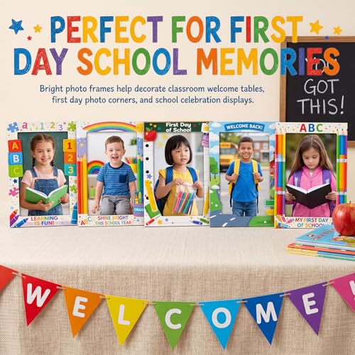 Image of AmazingSpark 50 Pack Back to School Paper Photo Frames Picture Frames, Classroom Theme Paper Photo Holders with Easel Back, 5 Designs for School Party Table Decorations