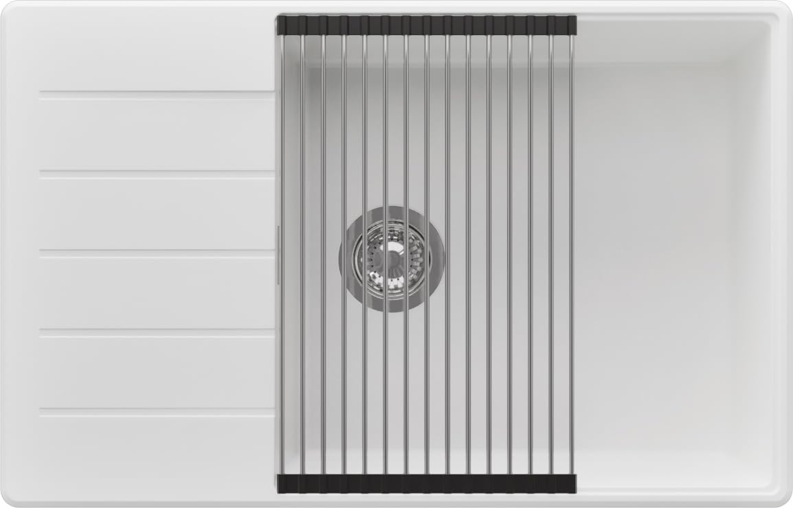 PRIMAGRAN Evier Cuisine en Granit Blanc - Copenhague Top, 78x50cm | Lavabo 1 Bac + Zuberhor-Set, Évier à Encastrer au Meuble 60cm (S603)