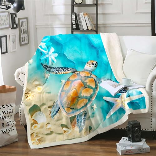 Erosebridal Beach Theme Fleece Blanket Ocean Sherpa Blanket Kids Cute Tortoise Blanket 40x50 Size, Kawaii Seashell Throw Blanket for Sofa Conch Starfish Flannel Blanket Coastal Farmhouse Cabin Decor