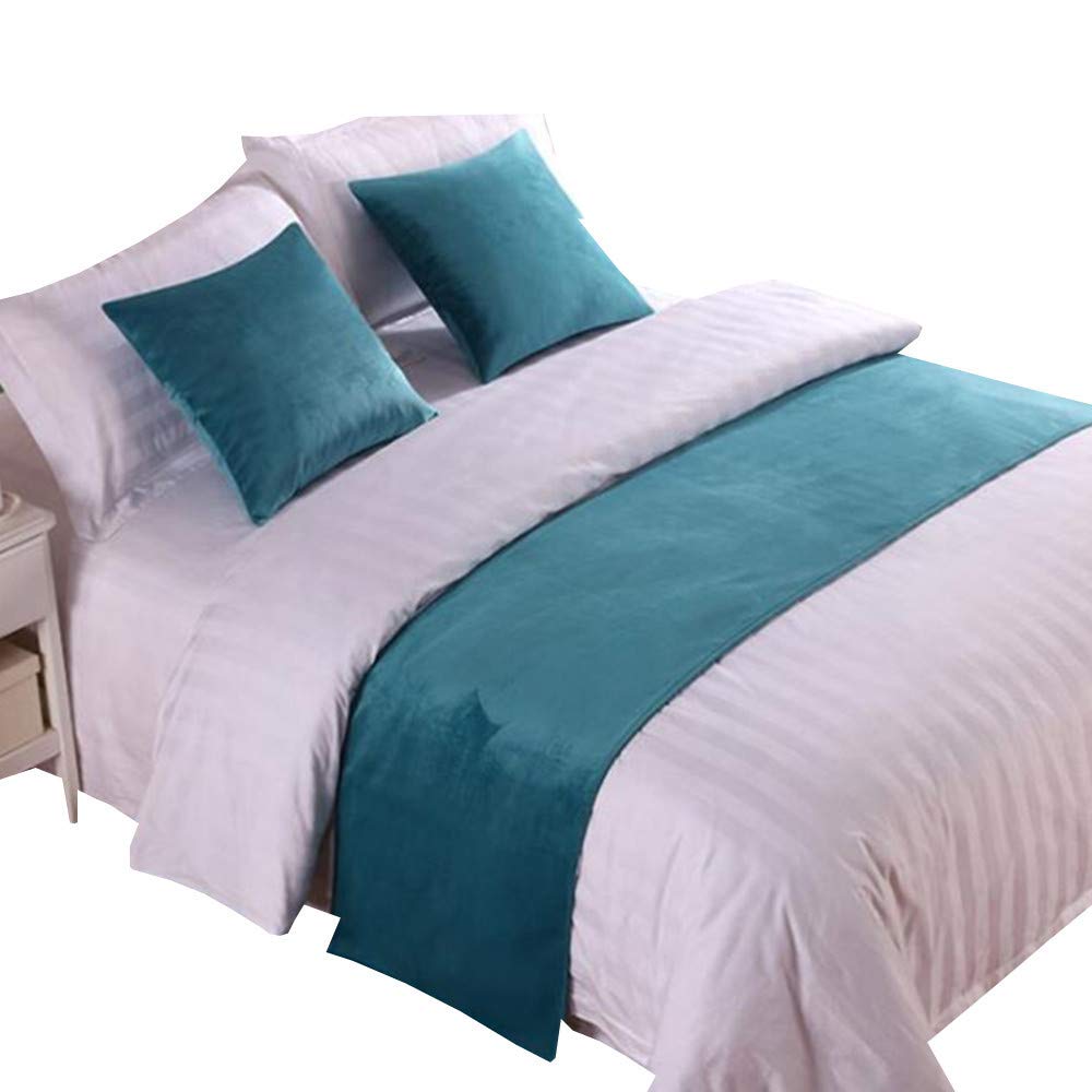 Turquoise Bed Scarf and Runners Set of 3, 62" x 20", 1 Velvet Bed Runner + 2 Cushion Covers, Soft Decorative Bed End Scarf Protector for Bedroom Hotel-image-19