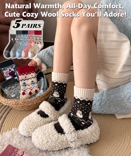 Image of IIG Cute Warm Wool Socks for Women Super Cozy Thick Crew Winter Socks Gifts, 5 Pairs