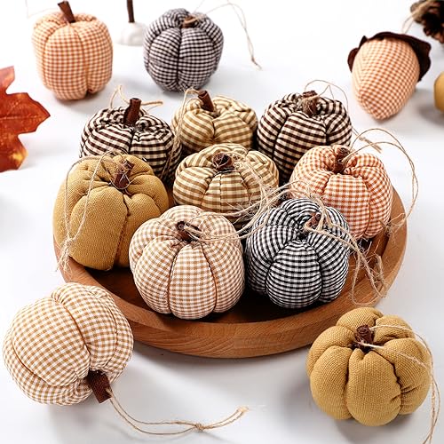 Hiboom 12 Pcs Farmhouse Fall Thanksgiving Decor Plaid Fabric Acorns Pumpkin Hanging Ornaments Autumn Tray Table Decor Thanksgiving Tree Decoration (Pumpkin)