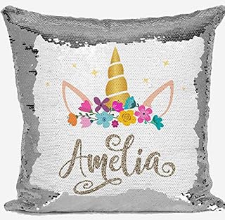 DAILY GIFTS Personalised Unicorn Any Name Magic Reveal Silver Sequin Cushion Cover Gift (Case + Filling)