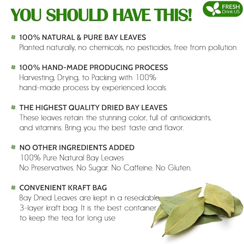 Image of FreshDrinkUS, Premium 450+ Dried Bay Leaves, Bay Leaf Tea, Bay Leaves Spice, Whole Nice Leaves, Wildcrafted, Fresh Harvested, Bay Leaves For Cooking, Sugar-Free, Gluten Free, Caffeine Free, Vegan