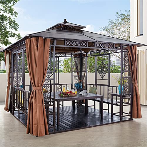 HJDSUDU 10X10ft Gazebo Hard-Top Toldo De Techo Doble Marco De Aluminio para Exteriores Carpa De Jardín con Techo Rígido De Policarbonato con Red/Cortinas Sombreadas/Silla/Piso