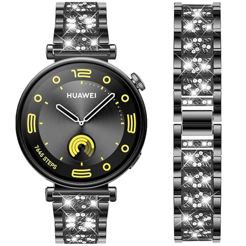DEALELE Bands Compatible with Huawei Watch GT6 41mm / GT5 Pro 42mm / GT5 / GT4 41mm / Fossil Women's Gen 6 / Gen 5E 42mm / Garmin Venu 3S, 18mm Bling Rhinestone Diamond Metal Strap for Women, Black