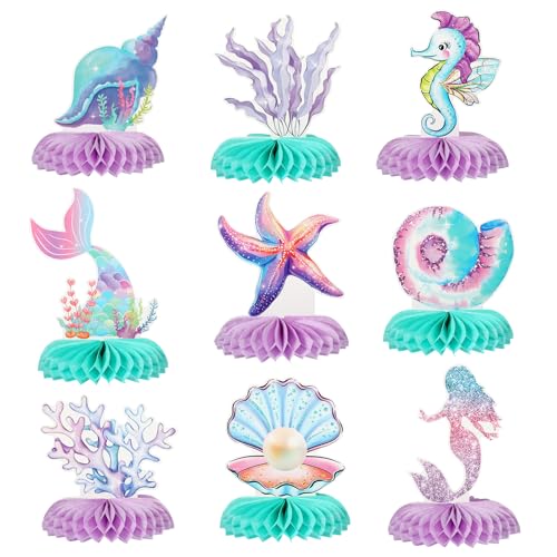IGIDOLAA 9 Pcs Mermaid Theme Birthday Party Decorations 3D Double Sided Honeycomb Centerpieces for Under the Sea Table Decor Ocean Mermaid Party Supplies for Girls