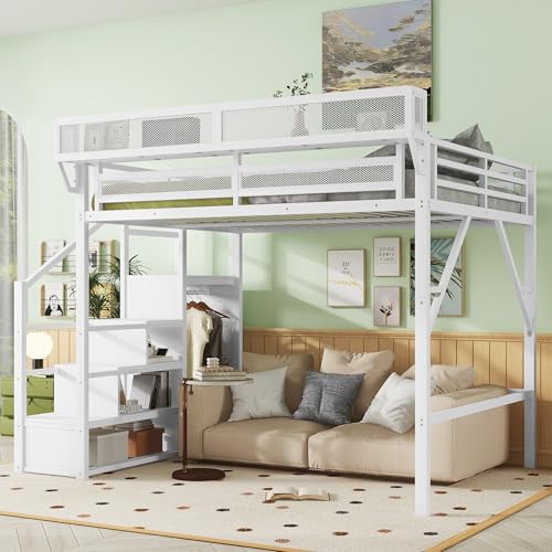 KEIKI Queen Size Metal Loft Bed Frame with Convertible Staircase,