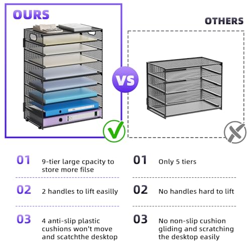 Image of Marbrasse Paper Organizer Letter Tray, 9 Tier Mesh File Organizer with Handle, Paper Sorter Desk Organizer for Home Office Supplies
