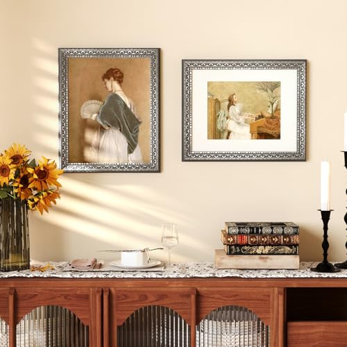 Image of 11x14 Vintage Picture Frames,Antique Picture Frames with White Mat for 8x10 Picture, Ornate Frames for Wall Decor,4 Pack,Silver