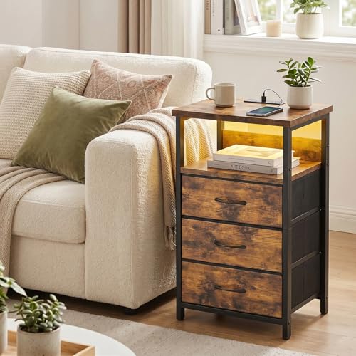 Image of Fixwal Night Stand with Charging Station, LED Nightstand with Fabric Drawers, End Table with PU Finish, Bed Side Table, Rustic Brown
