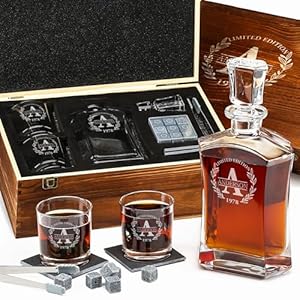 Personalized Whiskey Decanter and Stones Set – Customized Gift for Him – Men, Dad, Father – Engraved Old Fashioned Decanter, Glasses, 9 Granite Stones in Container, Coasters, Tongs in Wooden Gift Box