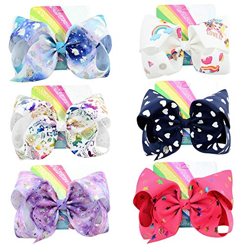6pcs 8 Inches Large Hair Bows Alligator Clips Unicorn Hair Barrettes Grosgrain Ribbon Hair Accessories for Kids Toddlers Teens (1)