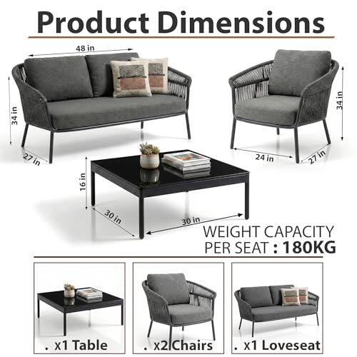 Image of Amazon Brand - Solimo Solix Outdoor Rope Sofa Set | Balcony Sofa | Patio Conversation Sets | Braided Rope Garden Sofa Set and Center Table (4 Seater- Dark Grey)
