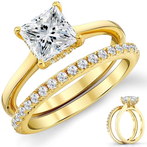 Metal Masters 1.85Ct Princess-Cut Moissanite Under Halo Wedding Ring Band Bridal Set 18K Gold over Silver