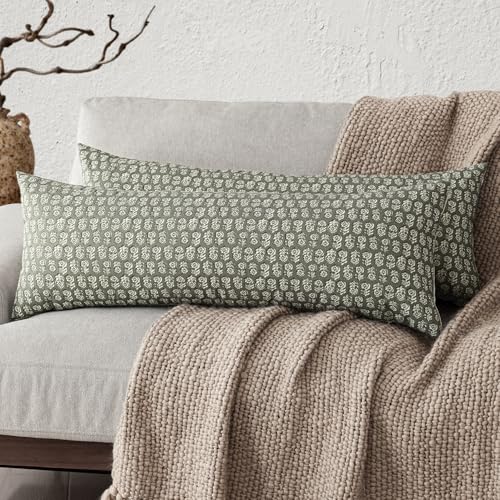 Image of Foindtower Set of 2 Decorative Long Body Lumbar Throw Pillow Covers Neutral Modern Farmhouse Cushion Covers Vintage Home Decor for Sofa Couch Chair Bedroom Living Room,14x36 Inch,Sage Green
